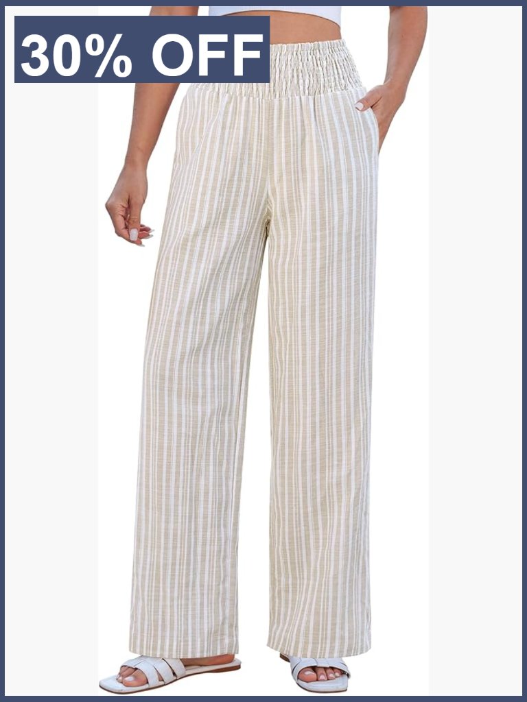 Wide Leg Linen Palazzo Pants High Rise Striped Elastic Waist Beach Vacation